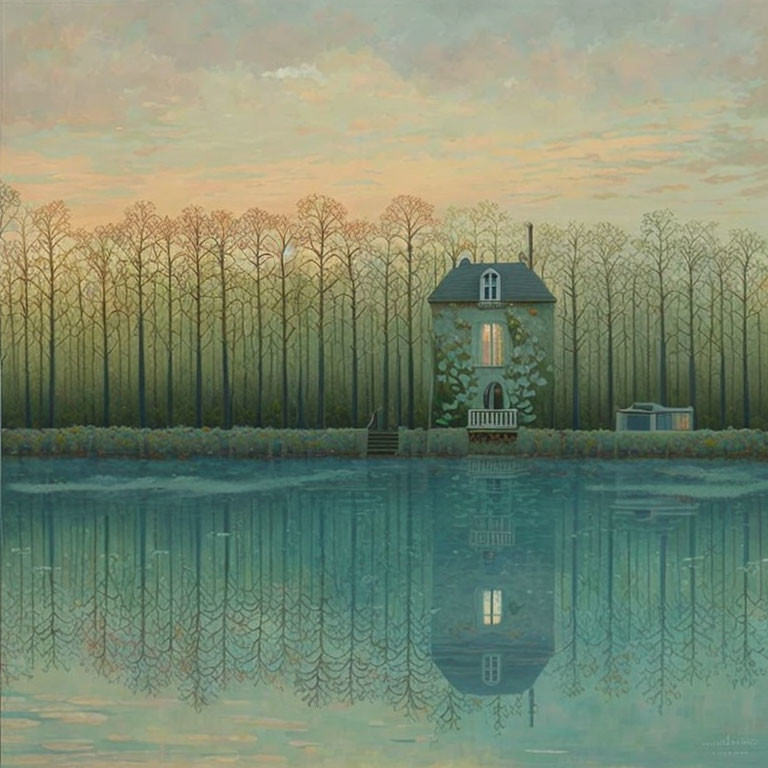 Tranquil Twilight Scene: Blue House, Trees, Still Water