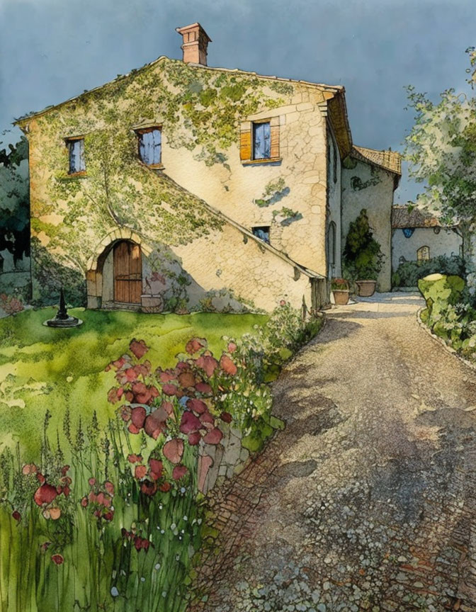 Charming old house with stone pathway in watercolor