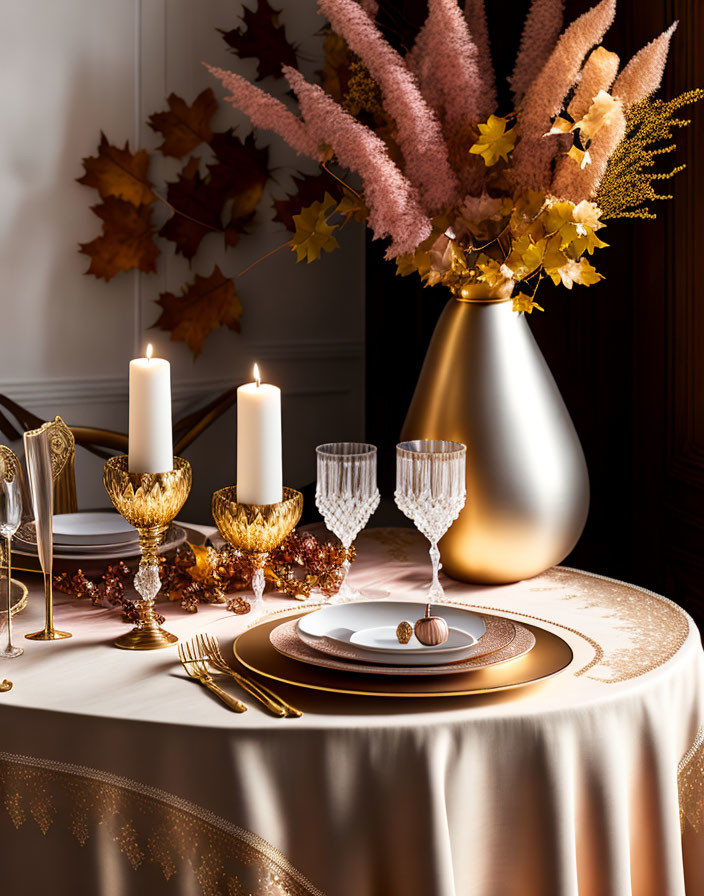 Sophisticated autumn table decor with golden accents and white plates