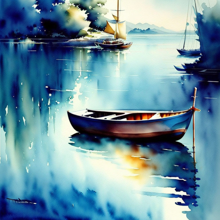 Tranquil watercolor painting of rowboat on calm waters