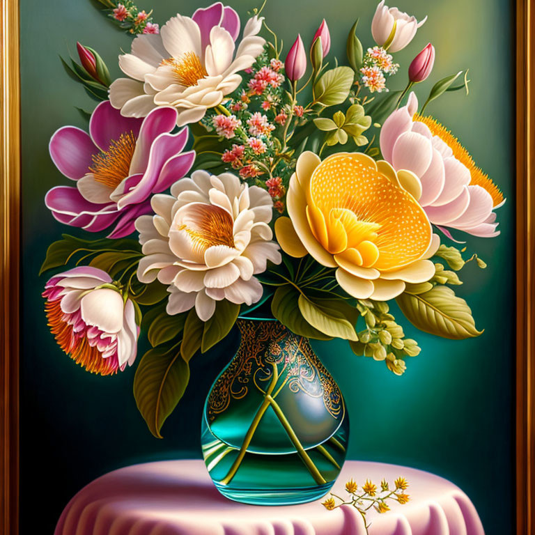 Hyperrealistic Painting of Lush Flowers in Decorative Vase