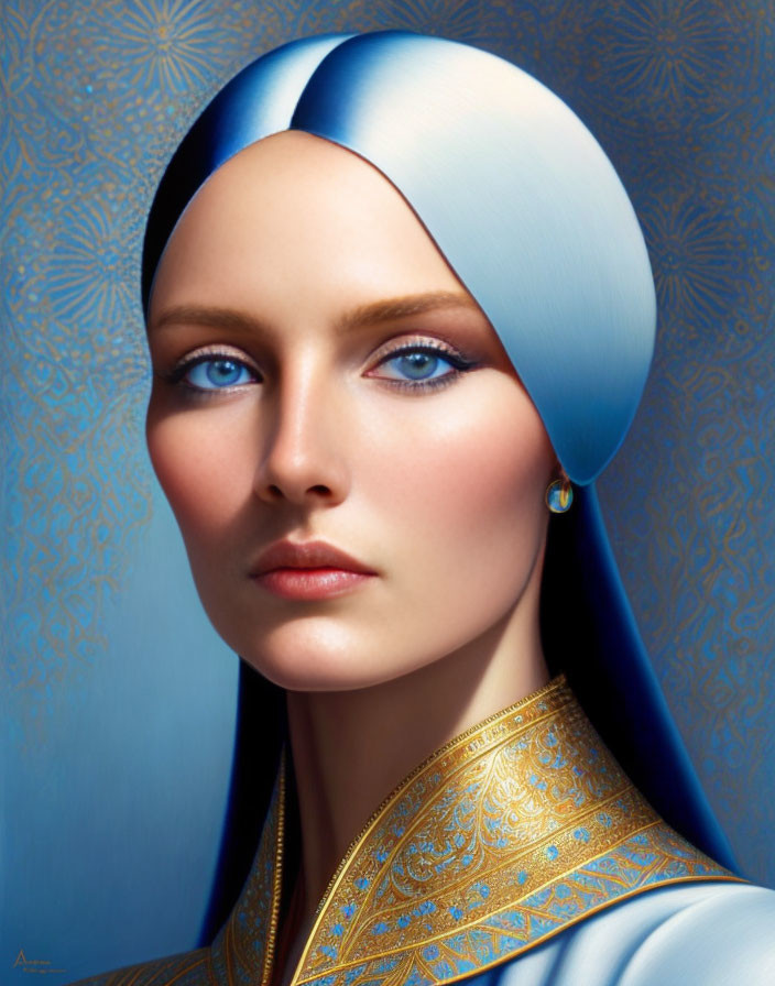 Digital Artwork: Woman with Blue Headscarf and Intense Blue Eyes in Gold-Patterned