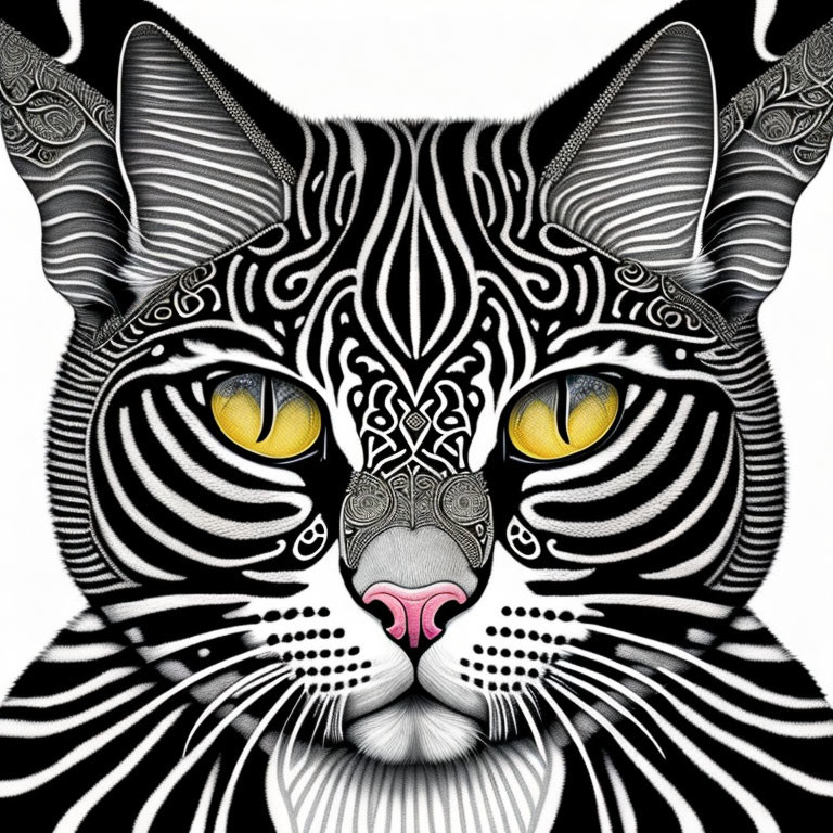 Monochrome cat face with intricate patterns and yellow eyes