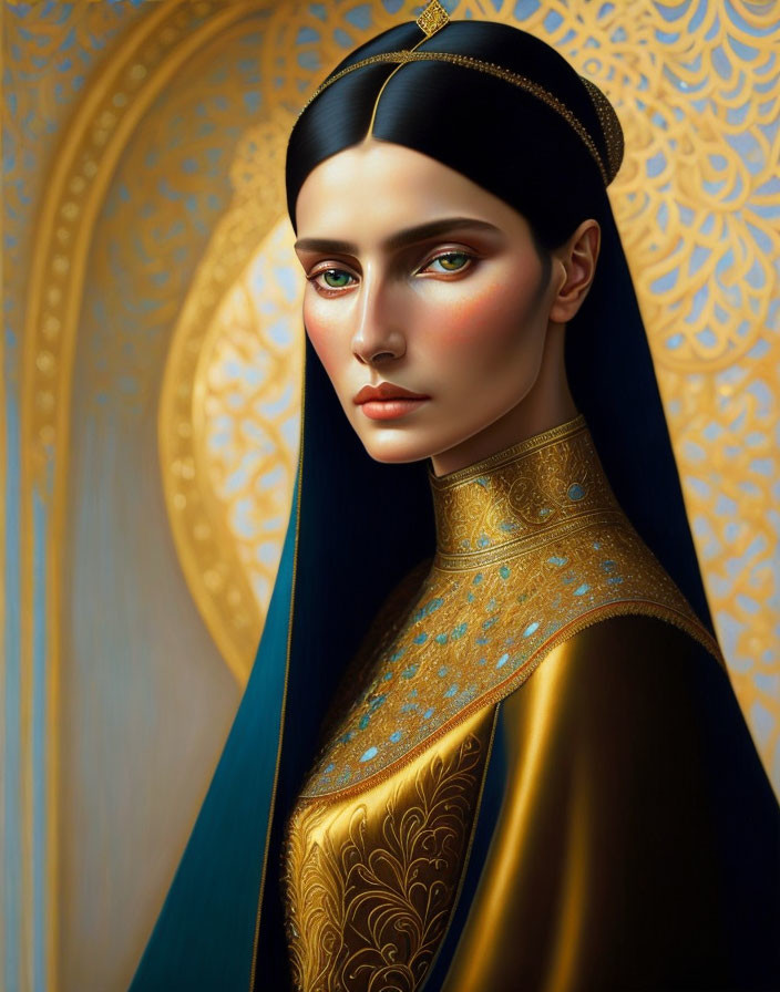 Digital portrait: Woman with green eyes, black hair, gold robe, ornate backdrop