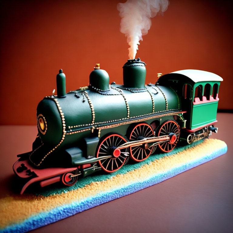 Green Vintage Steam Train Model with Gold Trim on Colorful Striped Surface