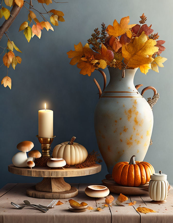 Autumn-themed still life with leaves, pumpkins, candle, macarons, acorns on