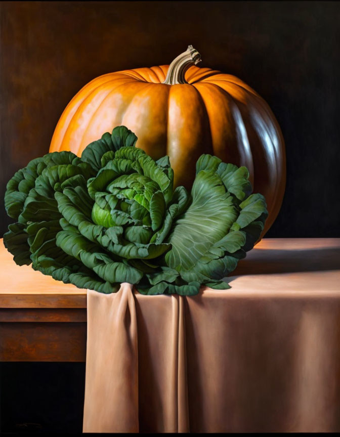 Still Life Painting: Pumpkin, Cabbage, and Draped Cloth on Table