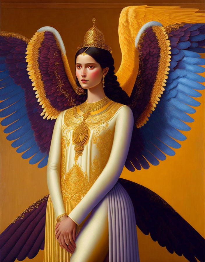 Regal angelic figure in ornate gold and white attire with crown and colorful wings.