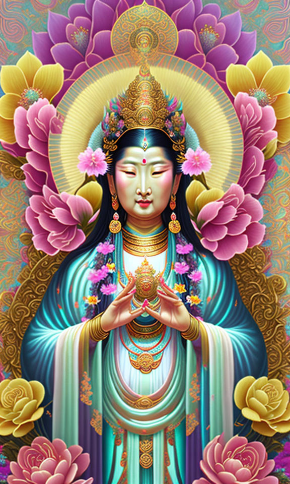 Colorful Robed Figure Surrounded by Pink Lotus Flowers