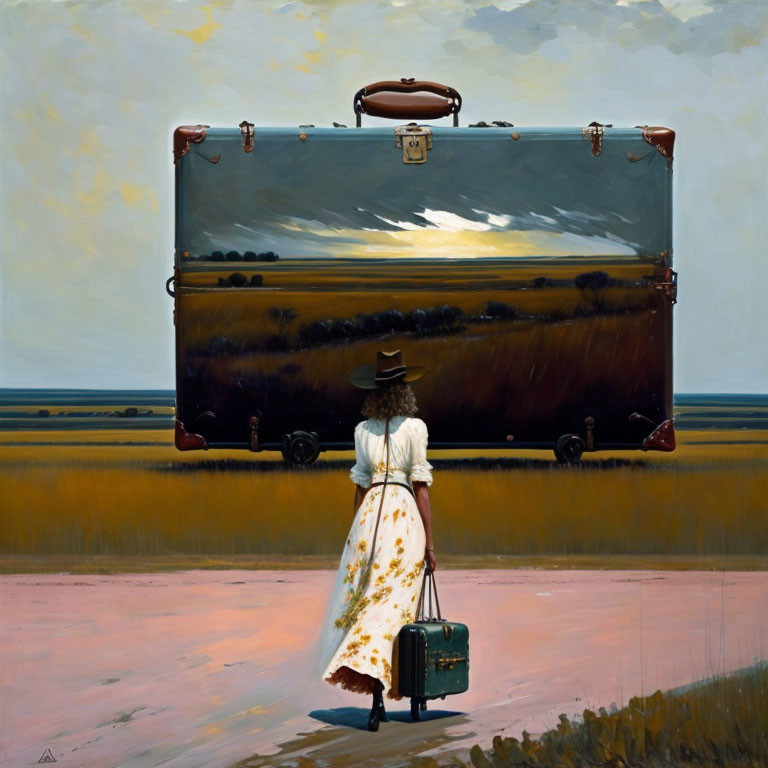 Vintage attired woman by massive suitcase in pastoral landscape