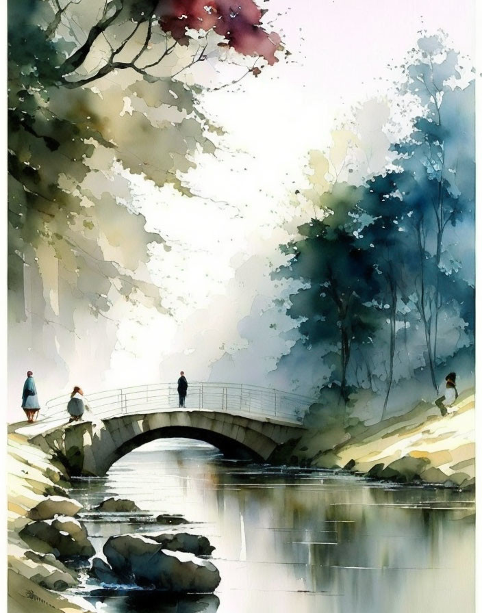 Tranquil watercolor painting of people crossing stone bridge