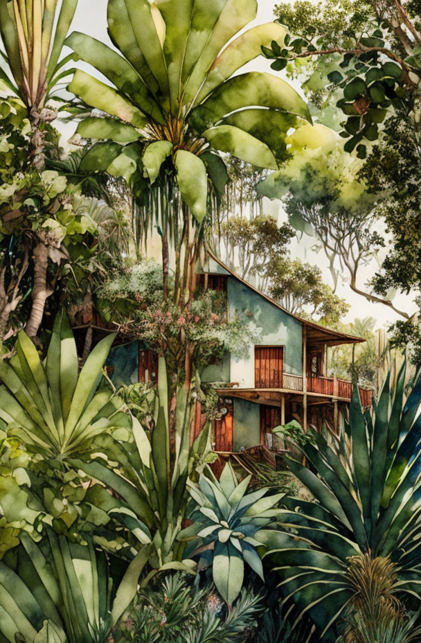 Tropical hideaway with lush green flora and blue house