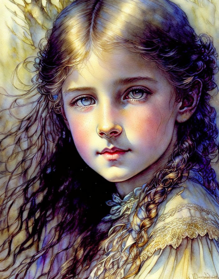 Detailed portrait of a young girl with golden hair and blue eyes