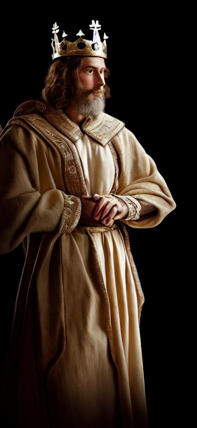 Regal man in crown and robe against dark background