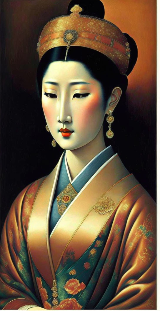 Traditional East Asian Attire Painting with Elegant Woman