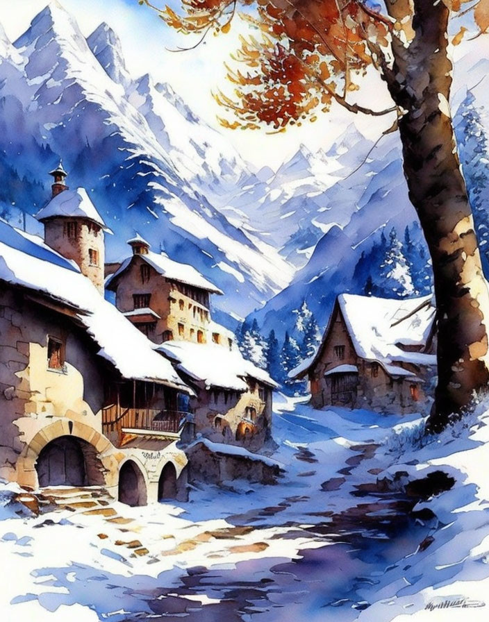 Snow-covered winter village with stone bridge, frozen river, leafless trees, mountain backdrop.