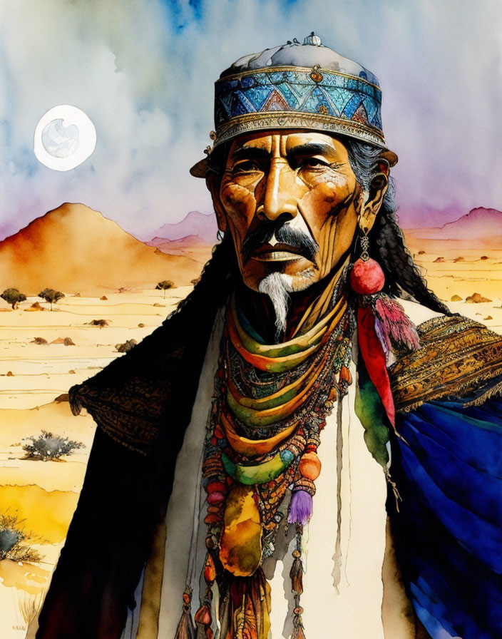 Native American man in traditional attire against desert landscape.