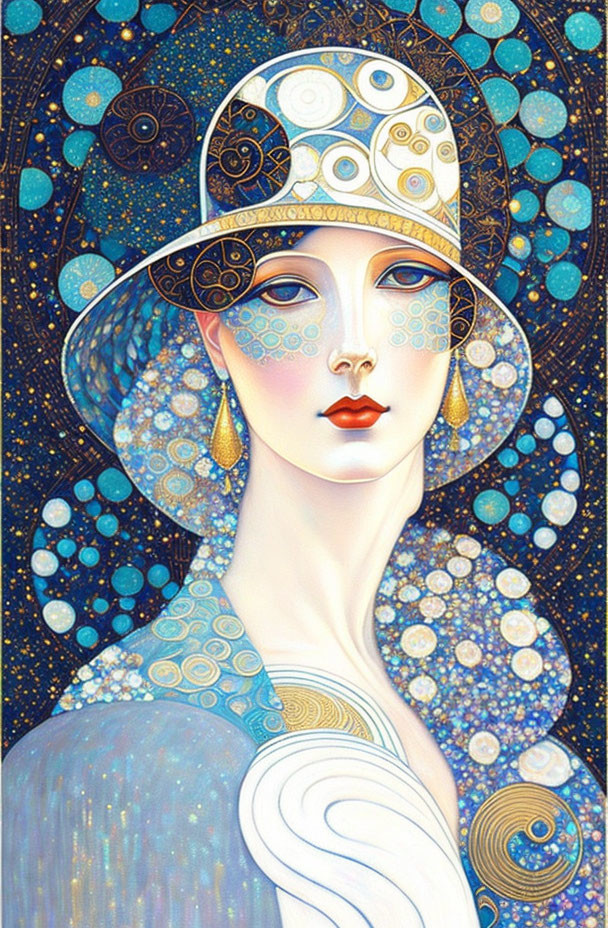 Woman with Stylized Hat in Circular Pattern Against Starry Night Background