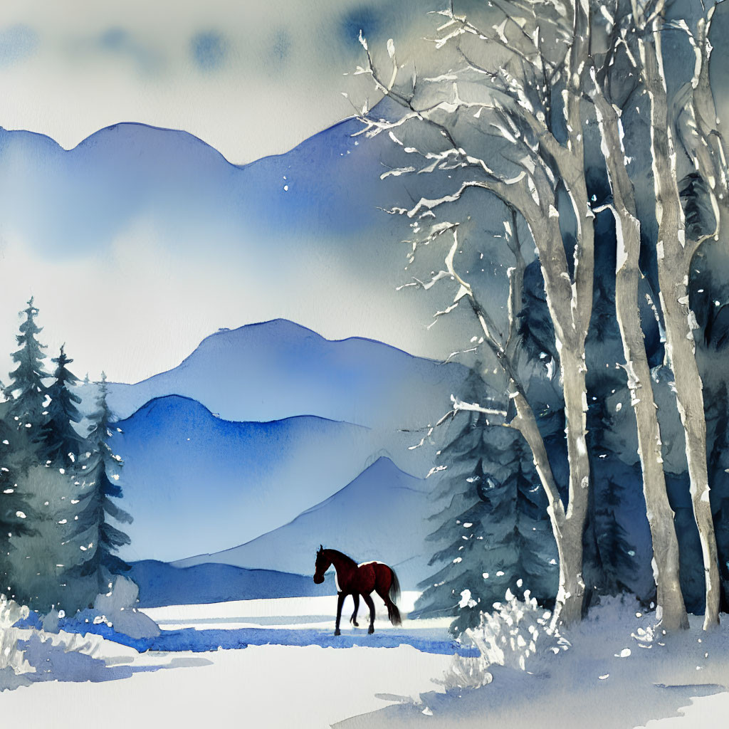 Snowy Landscape Watercolor Painting with Lone Horse and Trees