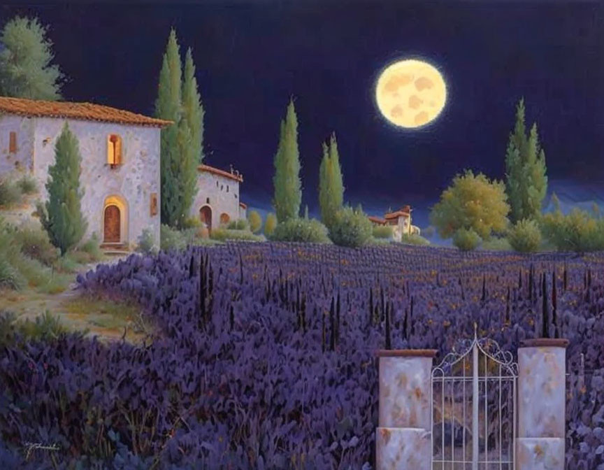 Full Moon Shines on Countryside Villa and Vineyards