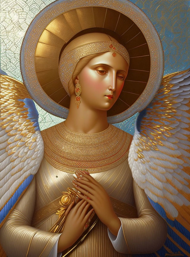 Golden-haloed angel in ornate armor with white wings.