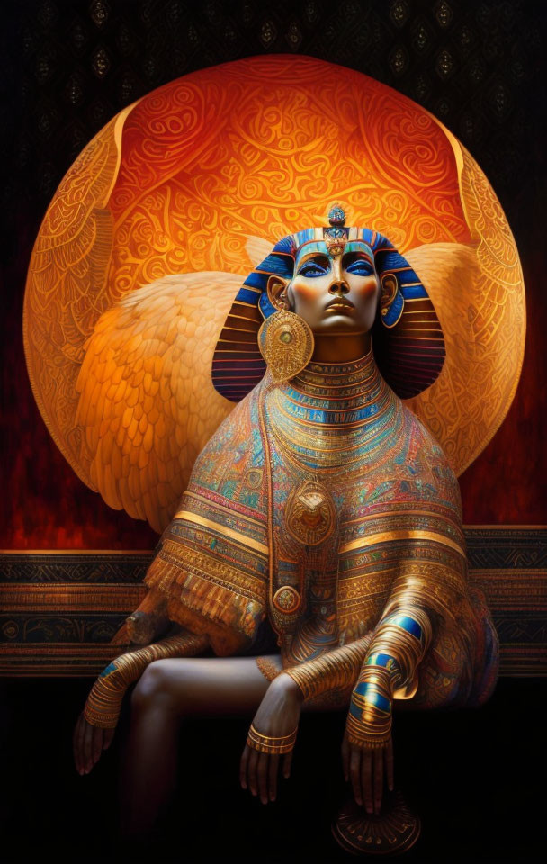 Ancient Egyptian figure with traditional headdress and ornate jewelry on sun disk backdrop