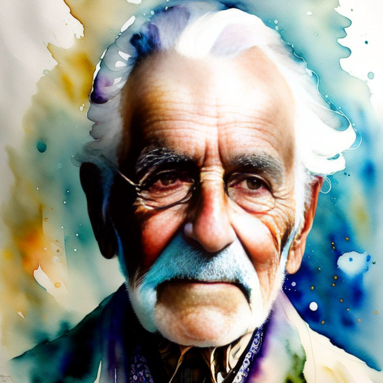 Elderly man portrait with white hair and mustache on abstract watercolor background