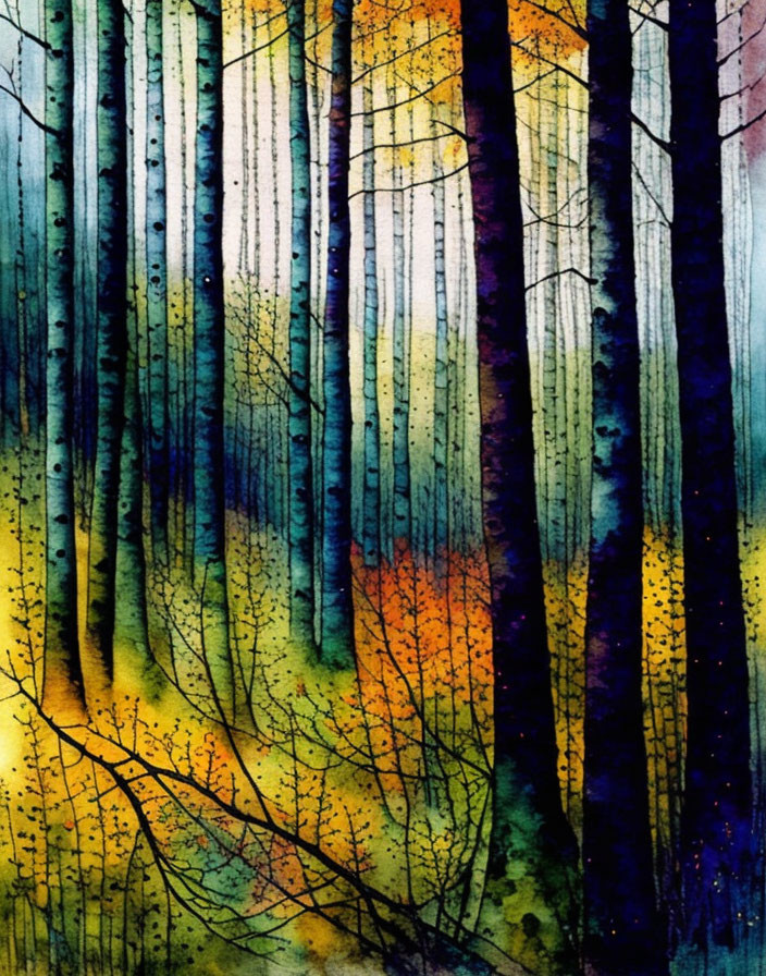 Colorful watercolor painting of dense forest with vertical tree trunks