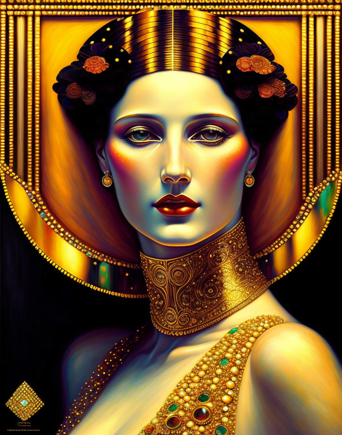 Detailed Egyptian Queen-like Woman Illustration with Gold Jewelry & Headdress