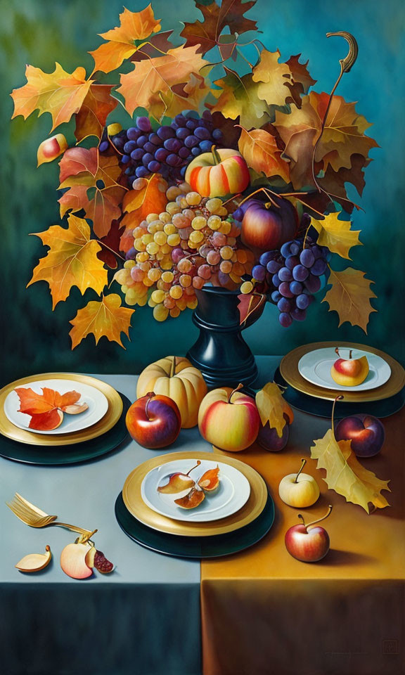 Autumn-themed still life painting with table setting and fruit.