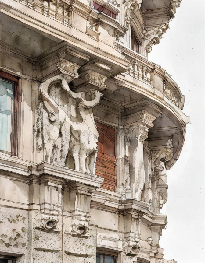 Architectural balcony sketch with stone elephant sculptures and ornamental details