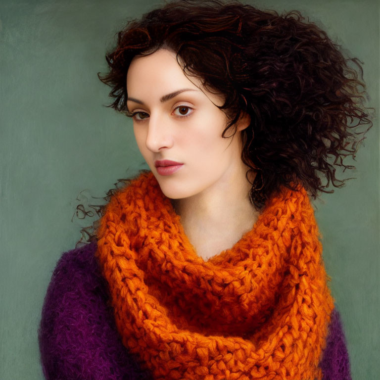 Curly-Haired Woman in Purple Sweater and Orange Scarf on Green Background