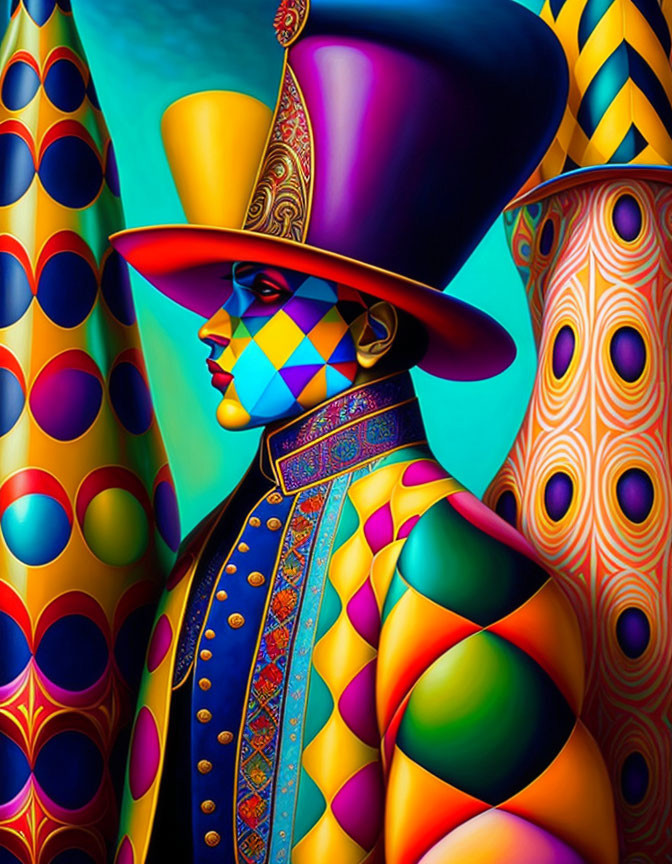 Colorful figure with geometric face paint in vibrant artwork