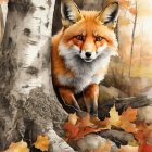 Vibrant red fox in birch tree setting amid autumn leaves