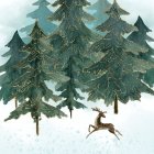 Snowy forest watercolor painting with pine trees and lone deer