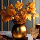 Golden Vase with Autumn Leaves on Table with Matching Decorative Items and Plates