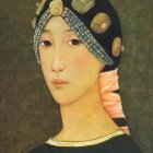 Stylized portrait of woman with headband and floral patterns