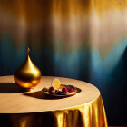 Luxurious Table Setting with Golden Decor on Yellow Cloth