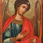 Traditional Icon Painting of Angel with Brown Wings and Ornate Halo