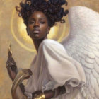 Ebony-skinned angel with white wings on golden background