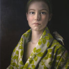 Serene woman in leaf-patterned scarf against dark backdrop