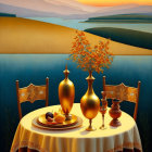 Surreal dining setup with golden utensils and wheat centerpiece