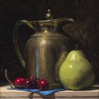 Golden vase, cherries, pear, and cherry on dark background