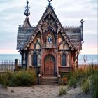 Victorian-style garden house with woodwork and stained glass windows by the coast