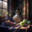 Ornate vase with ripe fruits on draped table in sunlight