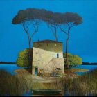 Idyllic painting of stone house, trees, lake scenery