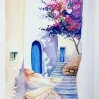 Colorful Watercolor Painting: Mediterranean Alley with Flowers, Blue Door, Stone Steps, Lantern