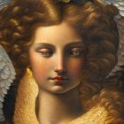 Golden-haired angel with feathered wings in realistic style