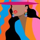 Woman in Pink Hat with Red Lipstick and Earrings on Vibrant Background