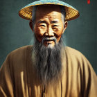 Elderly Asian man in traditional attire smiling against gray backdrop